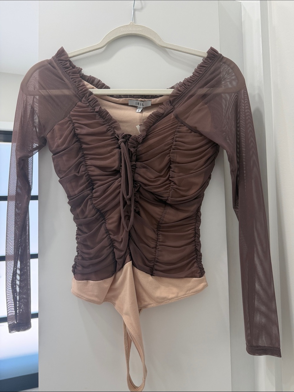 iris plum Brown Ruched Mesh Long Sleeve Bodysuit